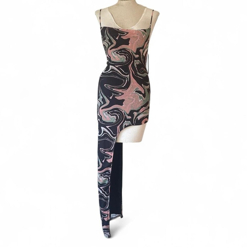 Fashion Nova Swirl Print Asymmetrical Mesh Dress – Y2K Backless High Slit Mini